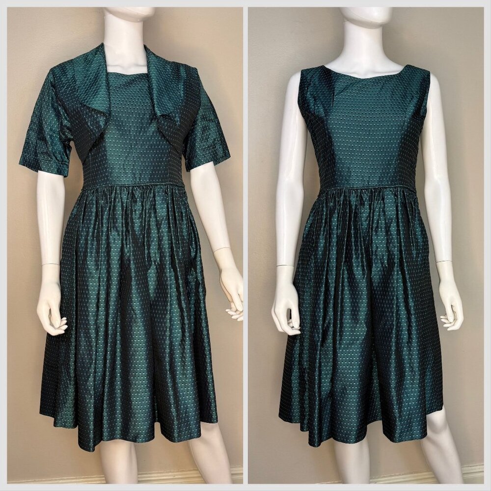 Vintage 1950s Teal Green Taffeta Dress and Bolero Set, Handmade Size Small